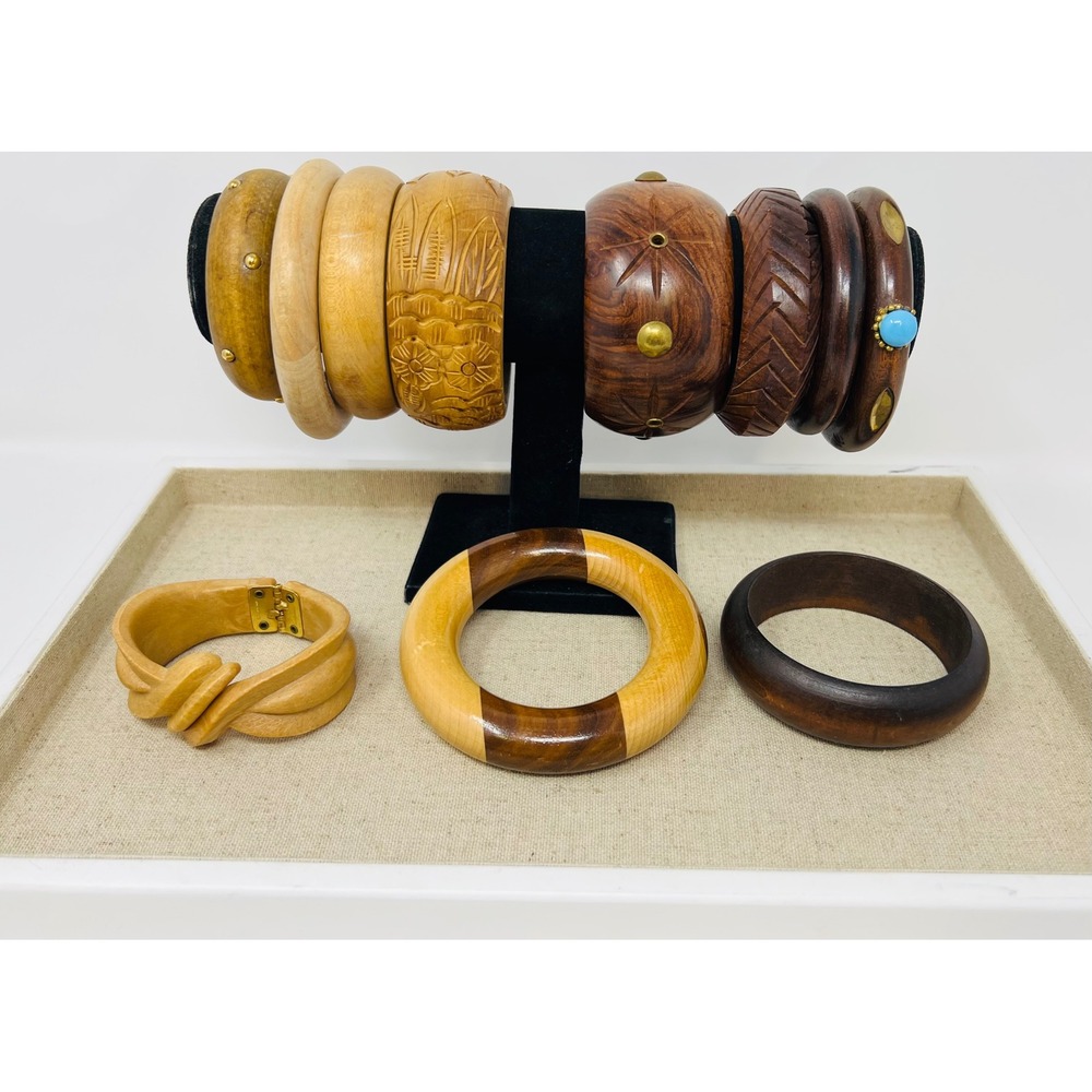 Vintage Wood Ethnic Bangle Bracelet Carved Inlaid Brass Turquoise Boho Lot of 10